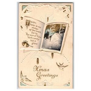 Vintage Embossed Xmas Greetings Postcard with Winter Scene & Poem